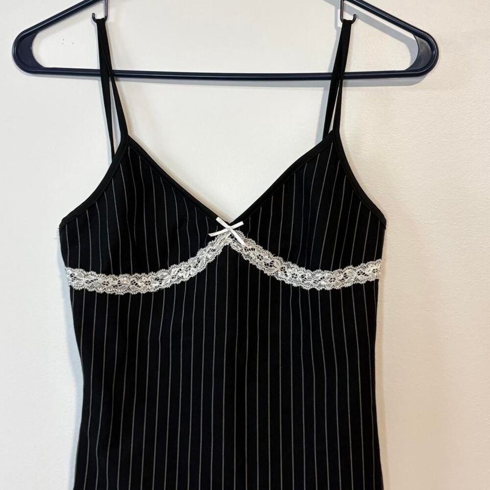y2K Office Siren Women's Black Lace Trim Cami Tip pinstripe coquette